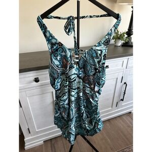 Swim by Cacique Womens Plus Size 22 Paisley Halter Swim Top Teal Black Strappy
